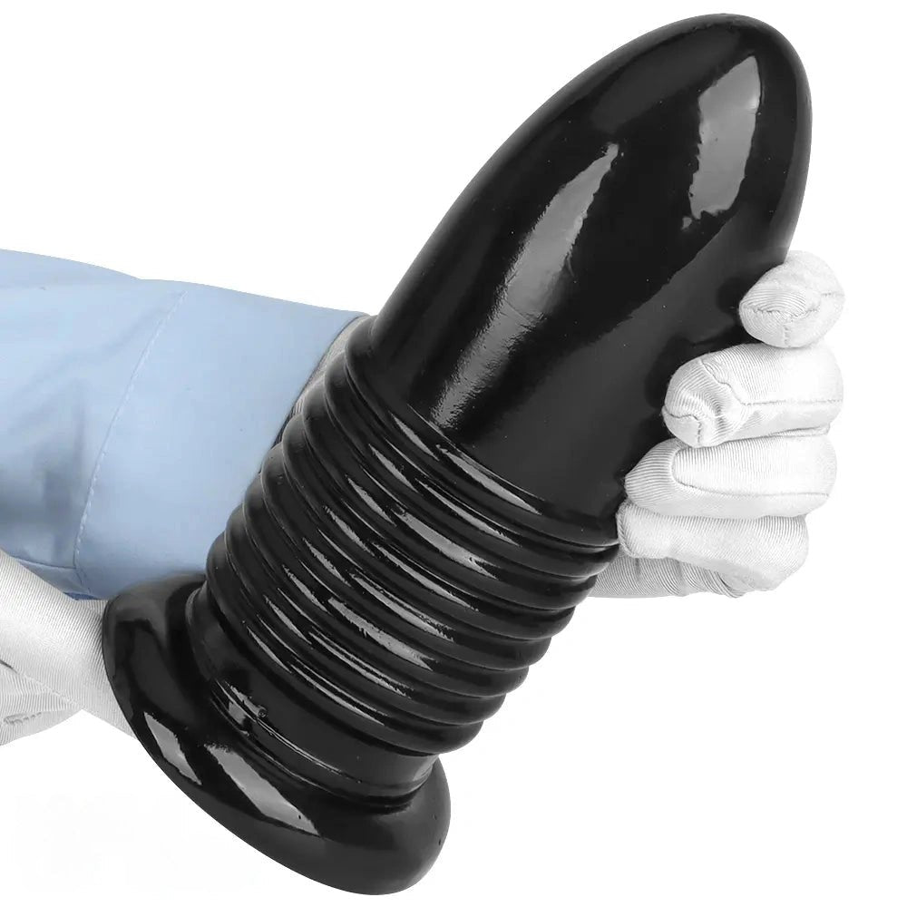 Black ribbed PVC anal plug with suction cup base, photo 12