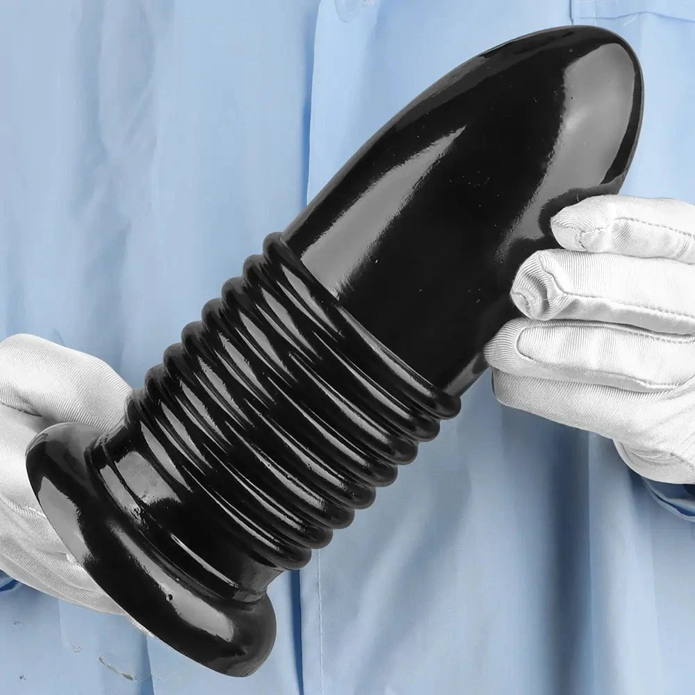 Black ribbed PVC anal plug with suction cup base, photo 15
