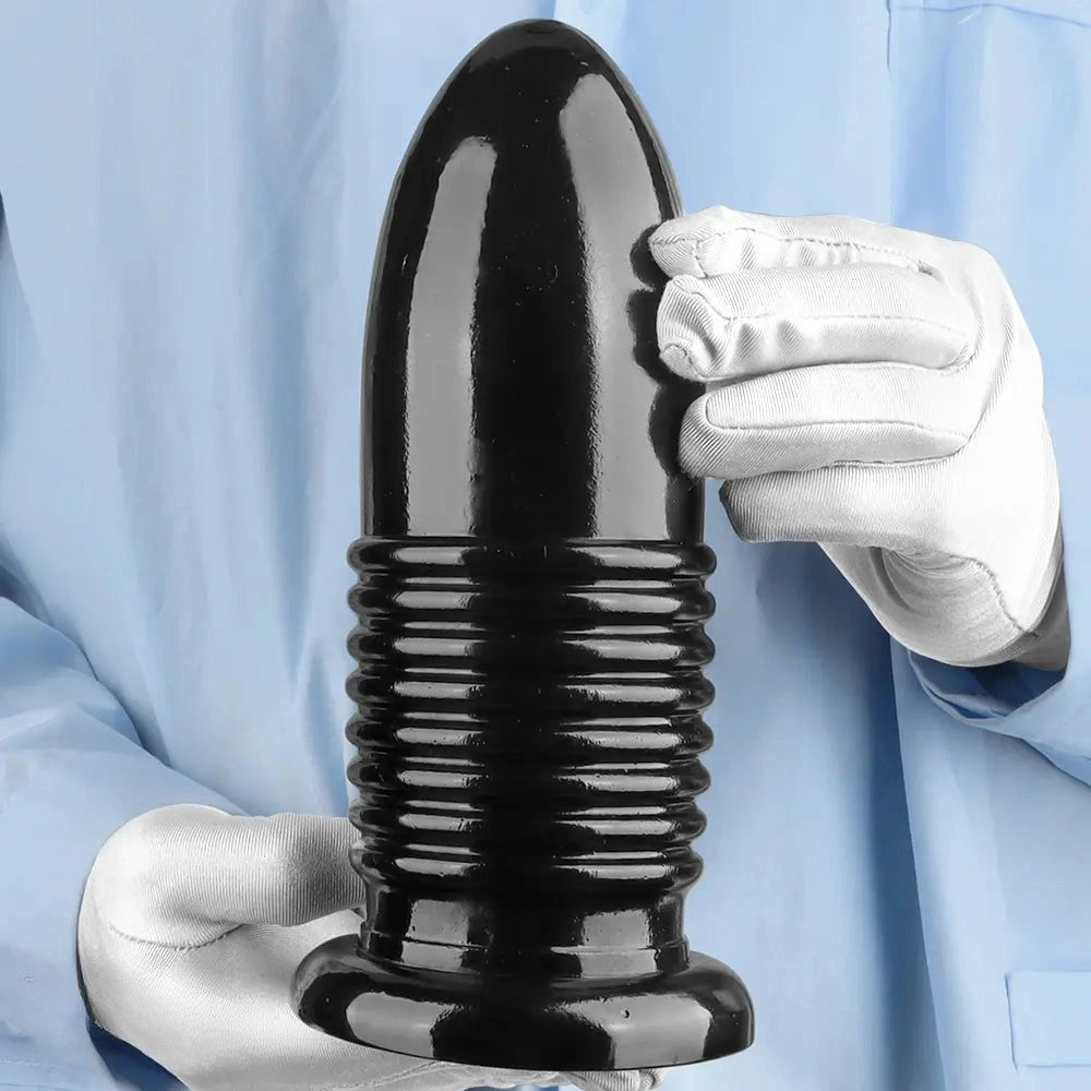 Black ribbed PVC anal plug with suction cup base, photo 2