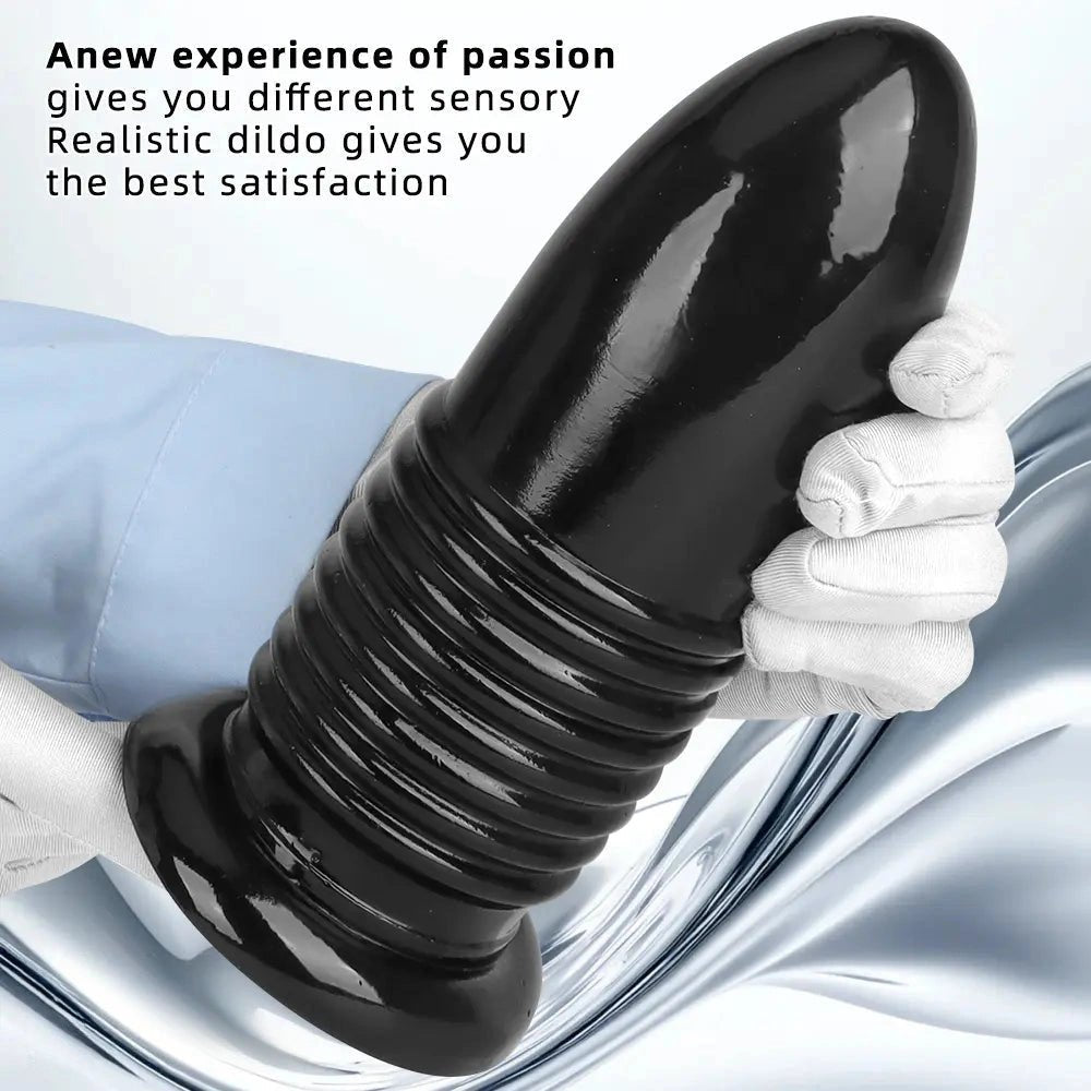 Black ribbed PVC anal plug with suction cup base, photo 3