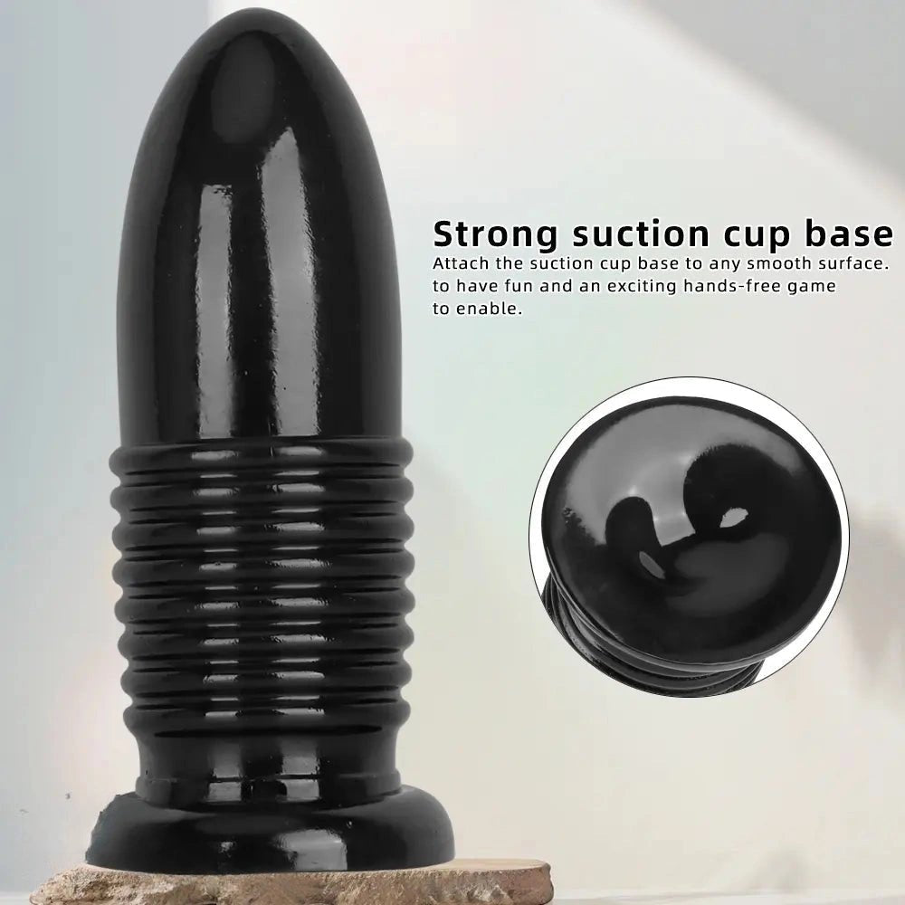 Black ribbed PVC anal plug with suction cup base, photo 5