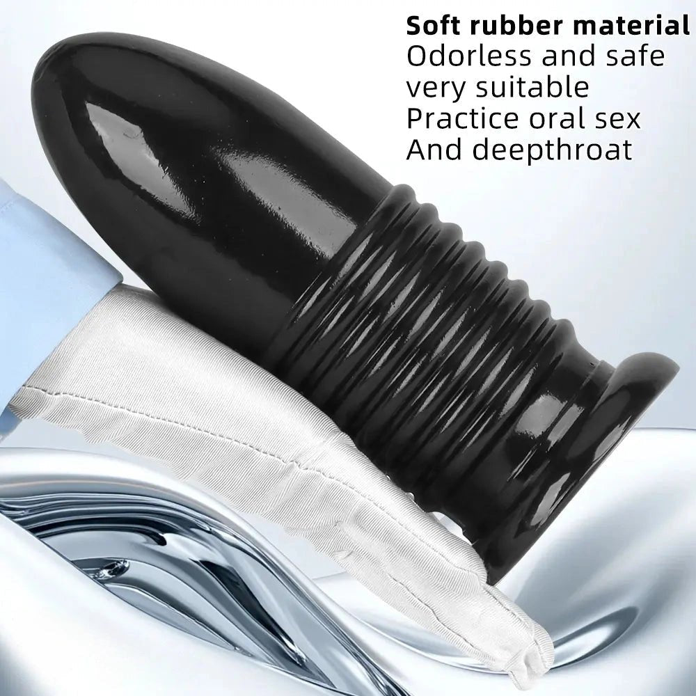 Black ribbed PVC anal plug with suction cup base, photo 6