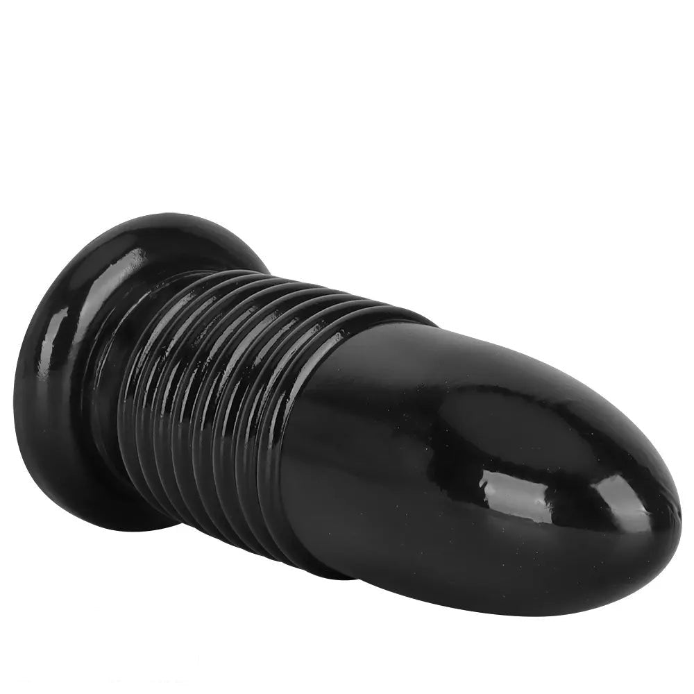 Black ribbed PVC anal plug with suction cup base, photo 9