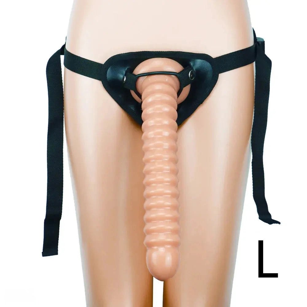 Brown ribbed pvc strap-on harness dildo