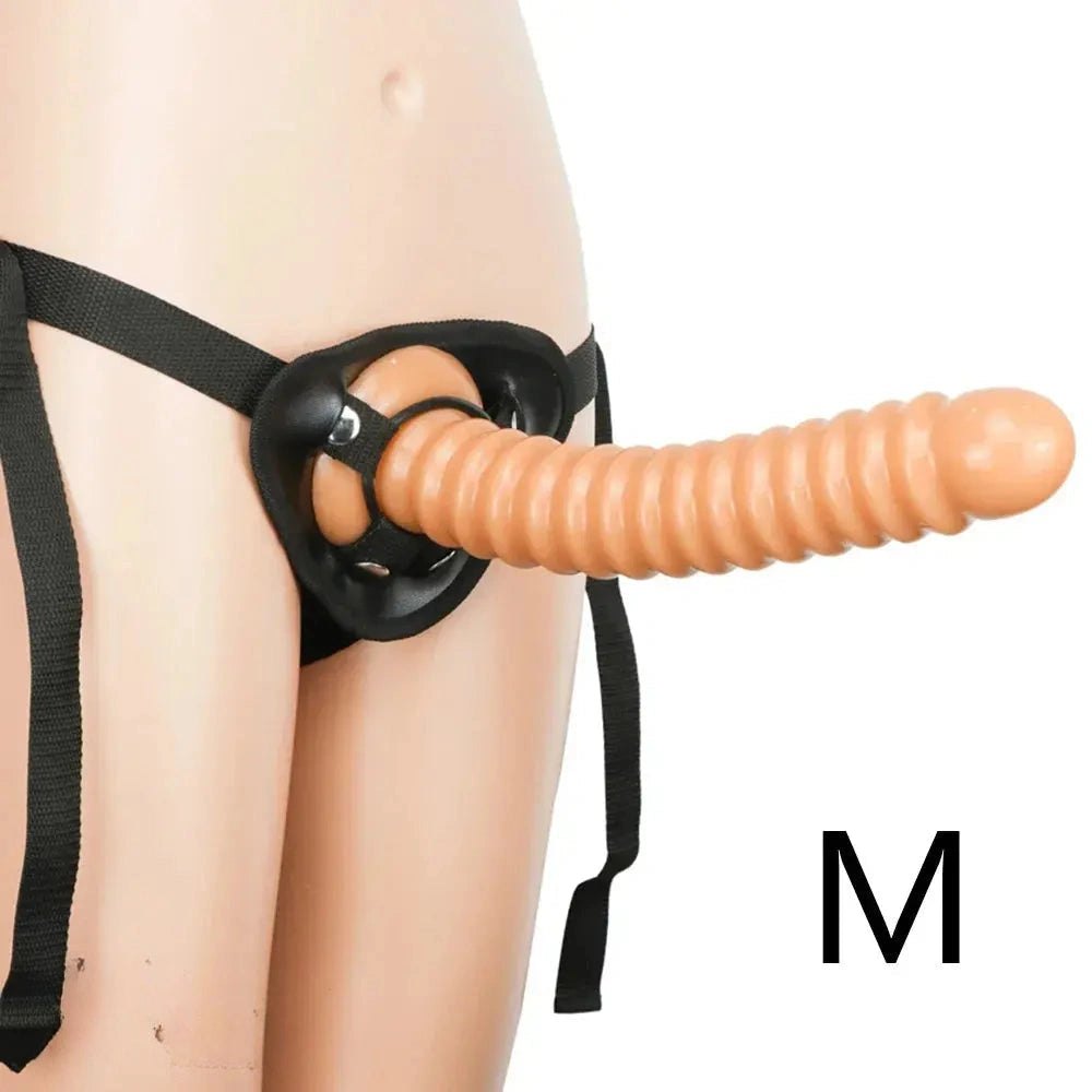 Brown ribbed pvc strap-on harness dildo