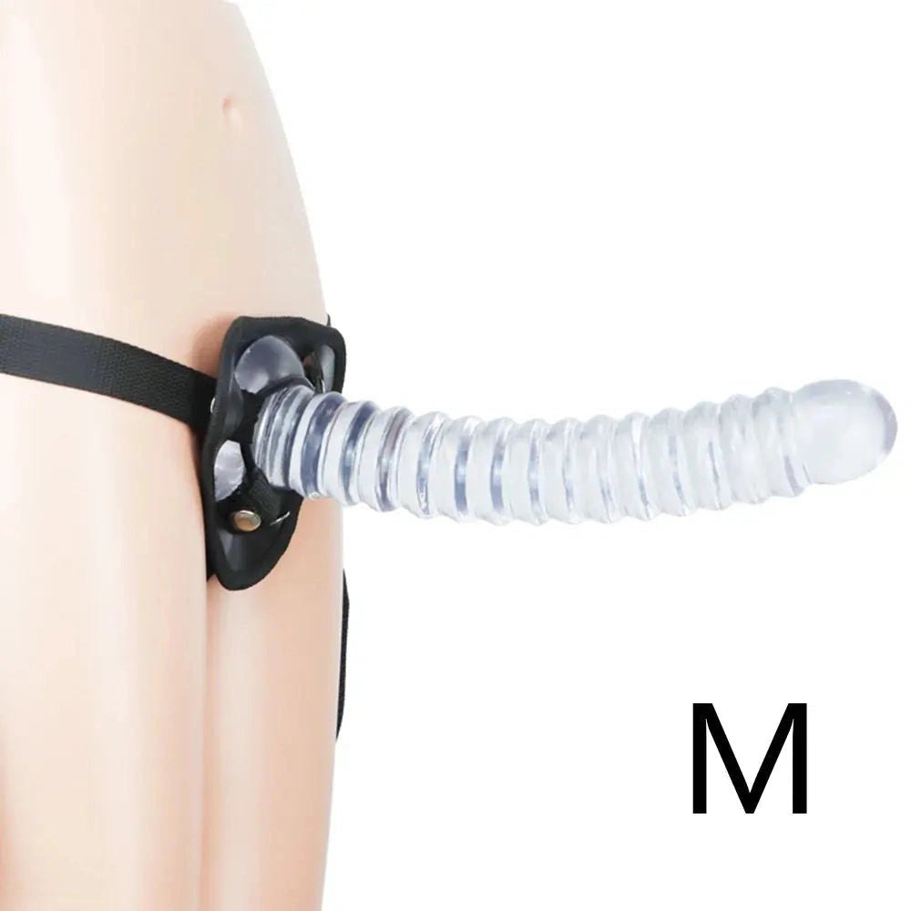 Clear ribbed pvc strap-on harness dildo