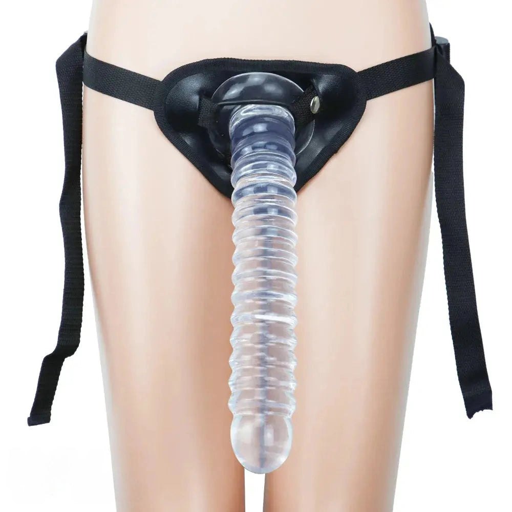 Clear ribbed pvc strap-on harness dildo