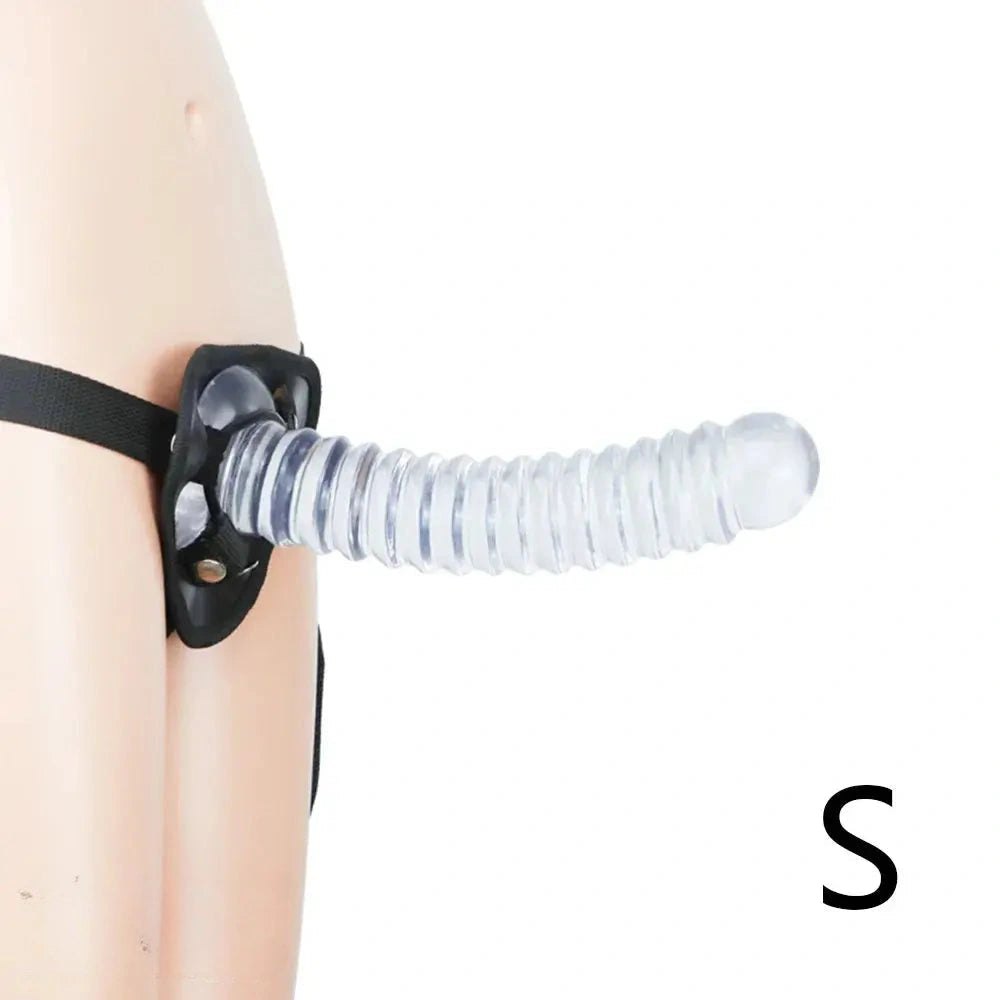 Clear ribbed pvc strap-on harness dildo