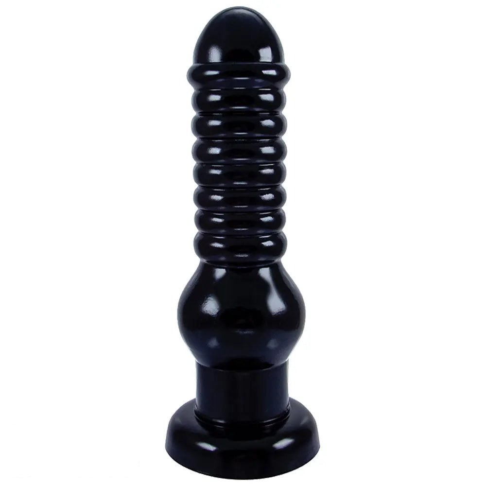 Black ribbed PVC suction cup dildo