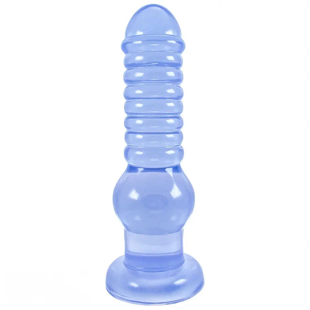 Blue ribbed PVC suction cup dildo