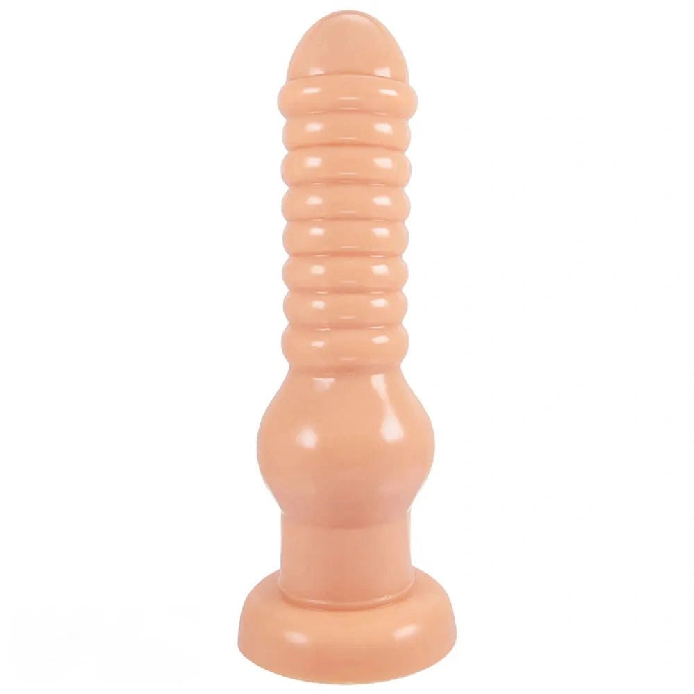 Brown ribbed PVC suction cup dildo