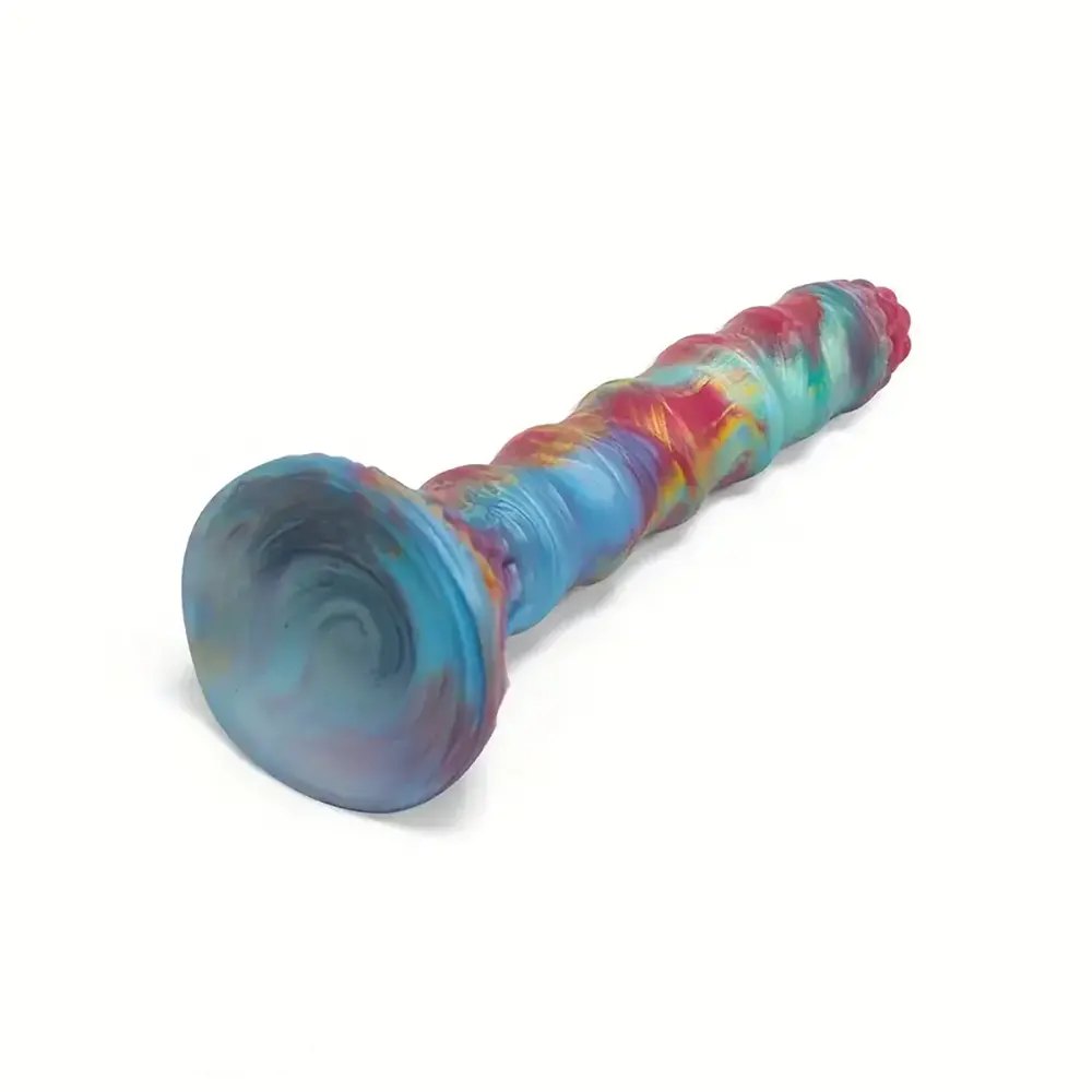 Teal and red tie-dye ribbed suction cup dildo, photo 3