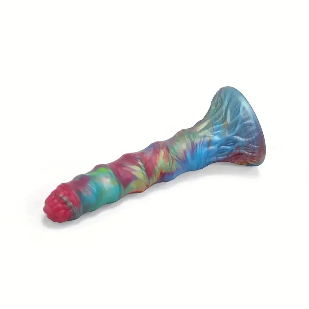 Teal and red tie-dye ribbed suction cup dildo, photo 4
