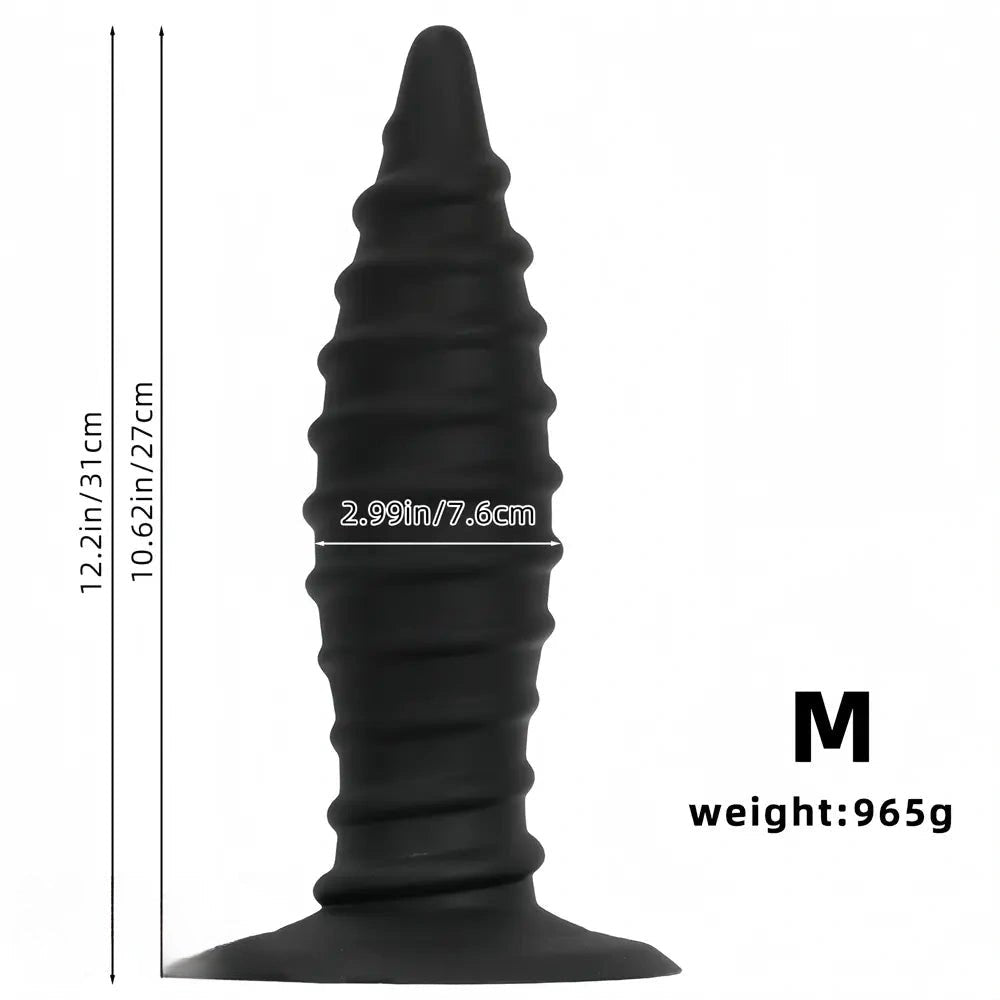 Black ribbed silicone anal plug, graduated cone shape
