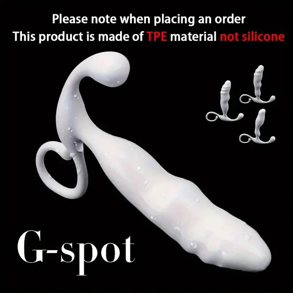 White ribbed TPE dildo with curling tail base, photo 4