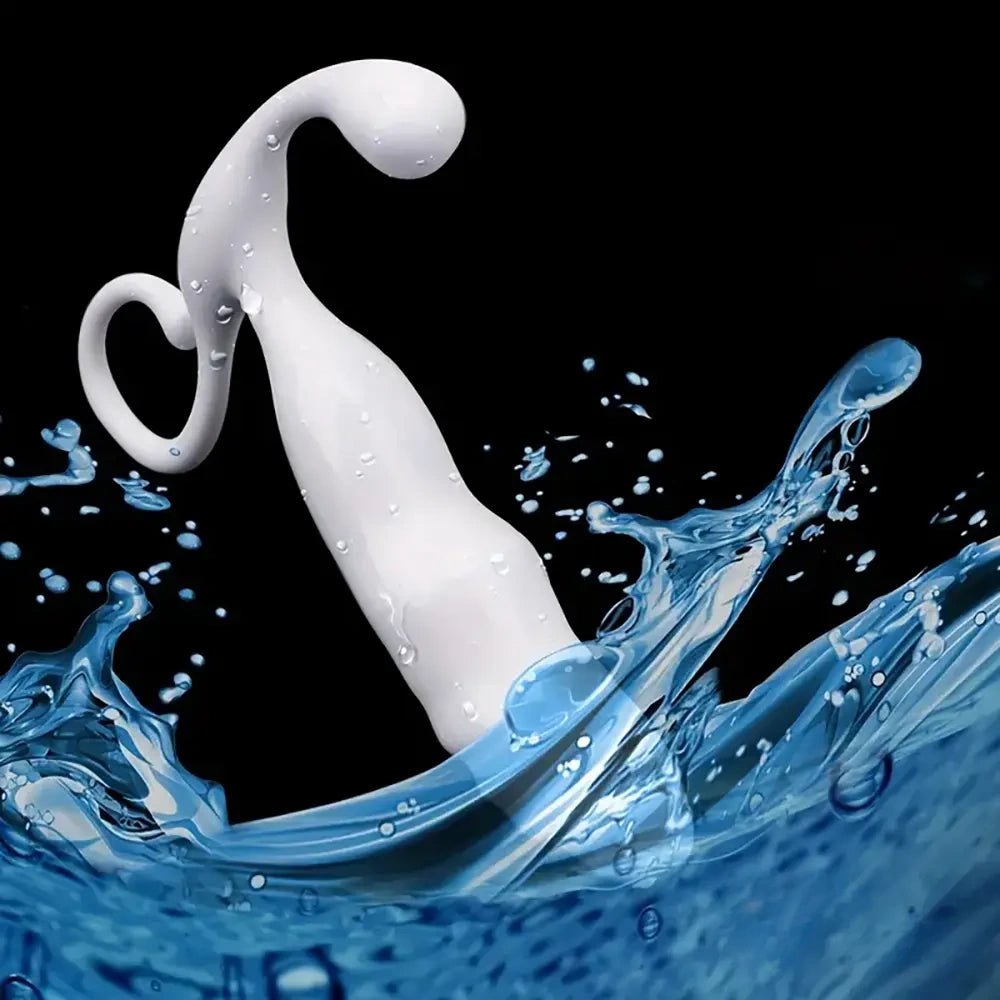 White ribbed TPE dildo with curling tail base, photo 5