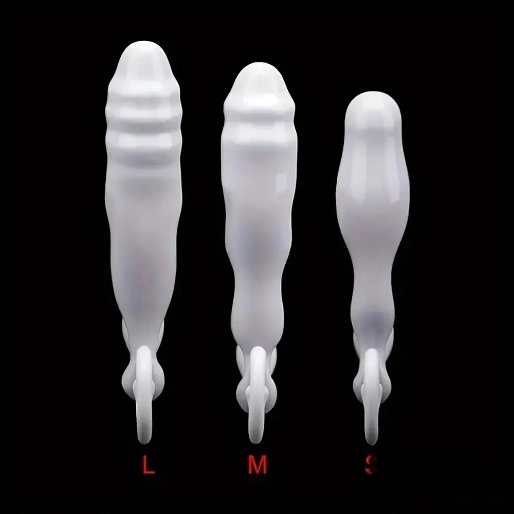 White ribbed TPE dildo with curling tail base, photo 6
