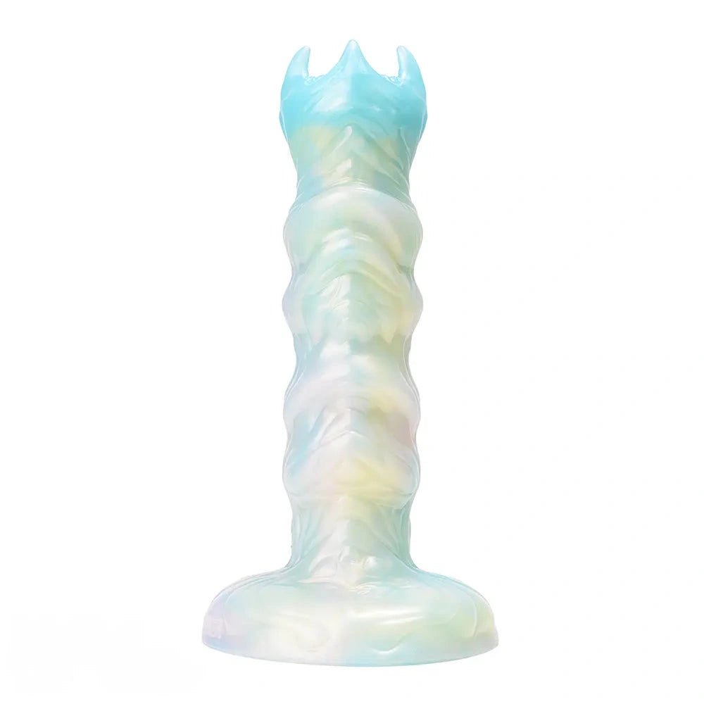 Ribbed iridescent fantasy dildo with spiked crown tip and suction cup base, photo 1