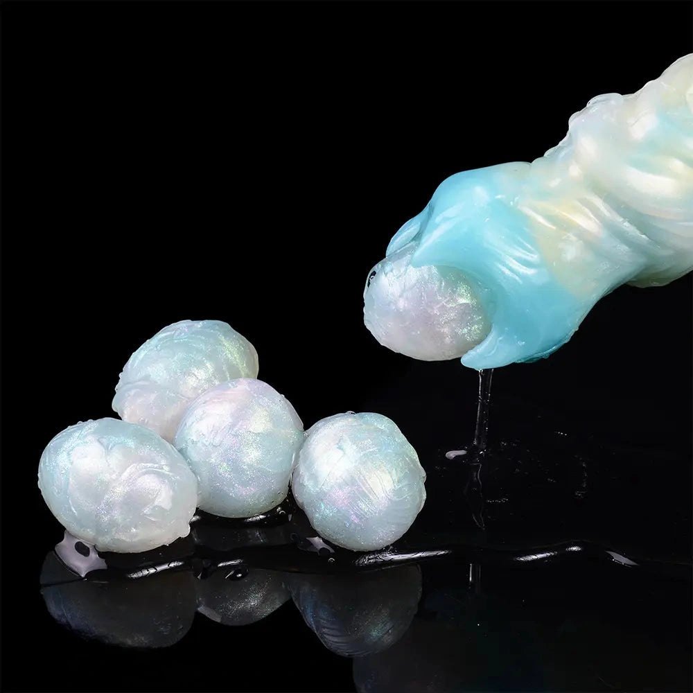 Ribbed iridescent fantasy dildo with spiked crown tip and suction cup base, photo 14