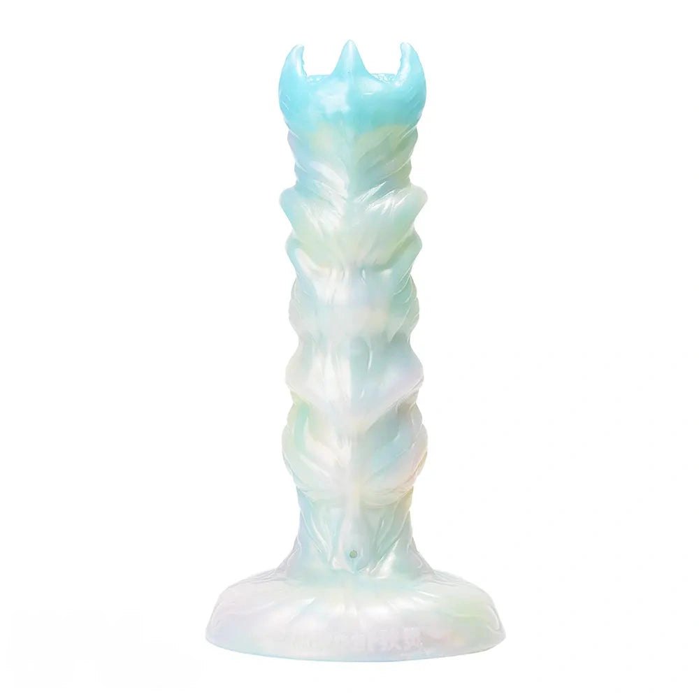 Ribbed iridescent fantasy dildo with spiked crown tip and suction cup base, photo 2