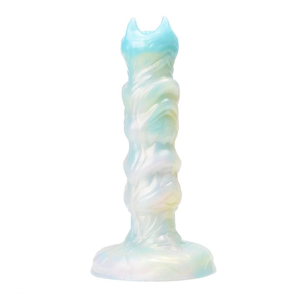 Ribbed iridescent fantasy dildo with spiked crown tip and suction cup base, photo 3