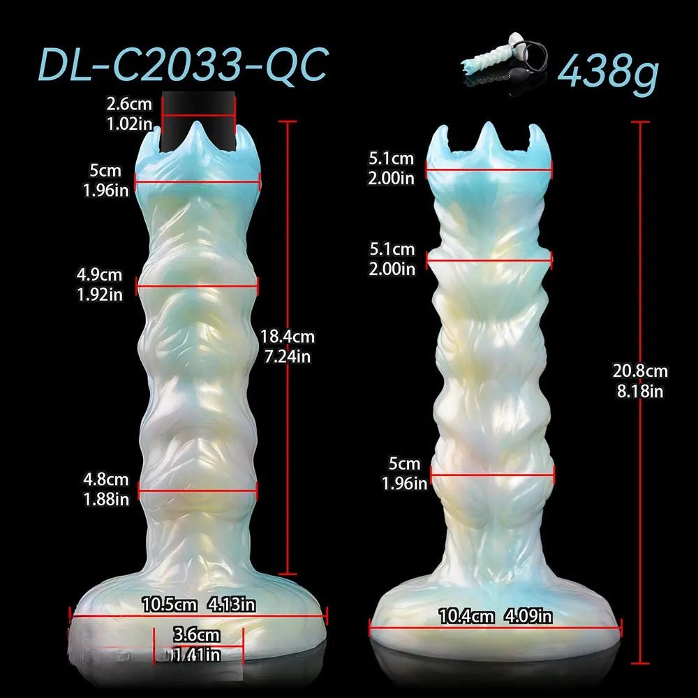 Ribbed iridescent fantasy dildo with spiked crown tip and suction cup base, photo 5