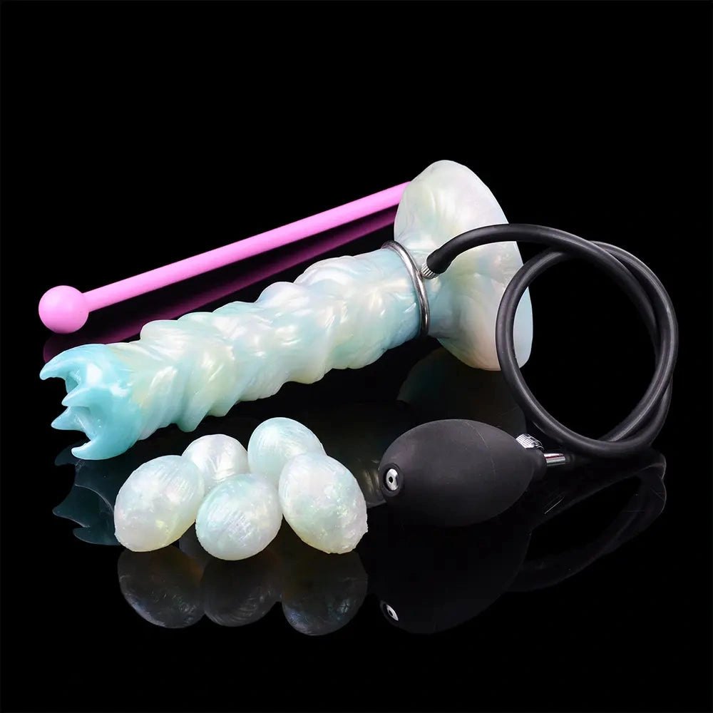 Ribbed iridescent fantasy dildo with spiked crown tip and suction cup base, photo 6