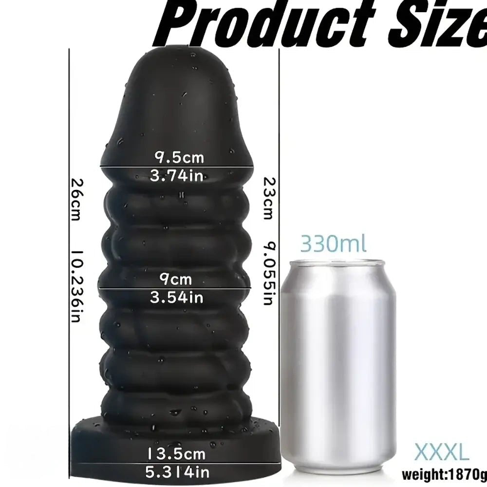 Black ribbed spiral thick silicone dildo