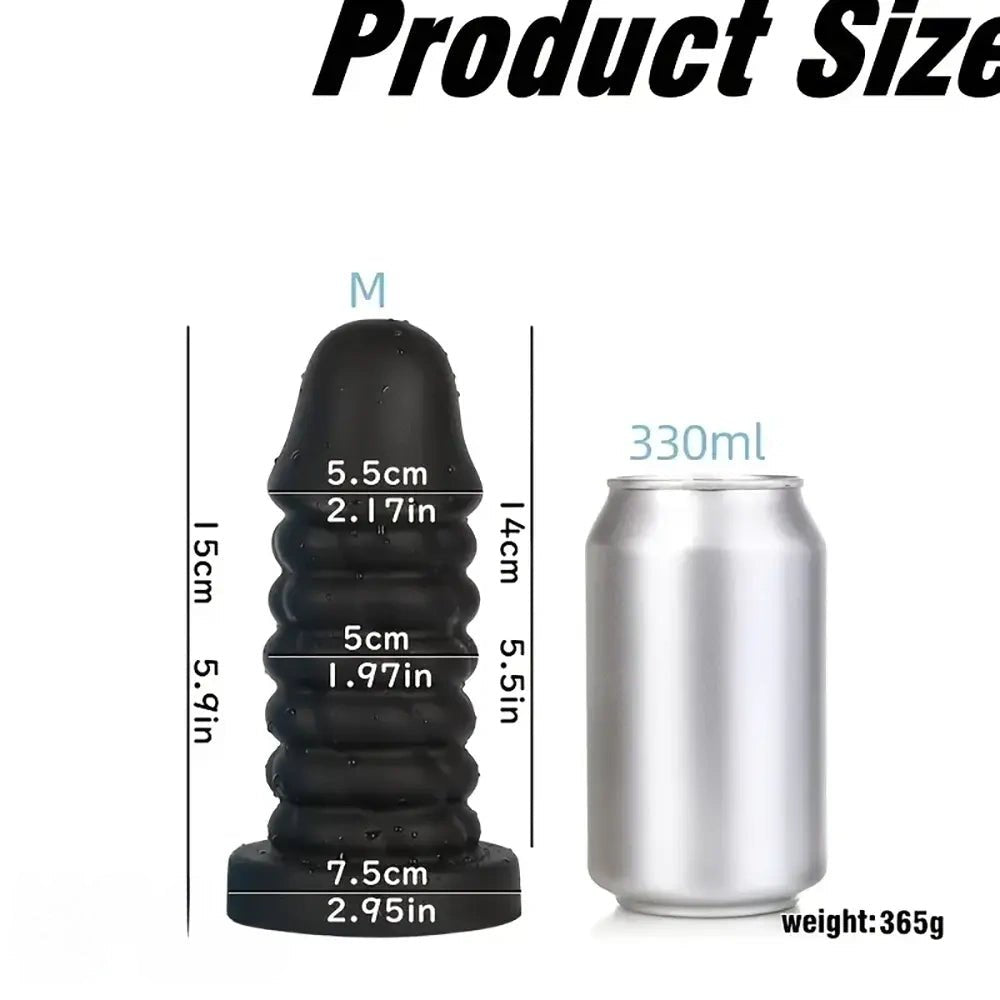 Black ribbed spiral thick silicone dildo