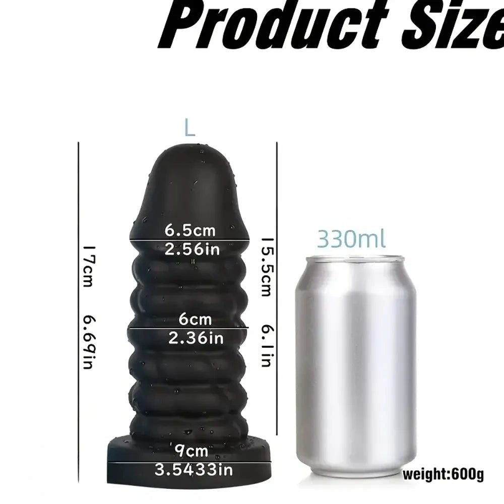 Black ribbed spiral thick silicone dildo