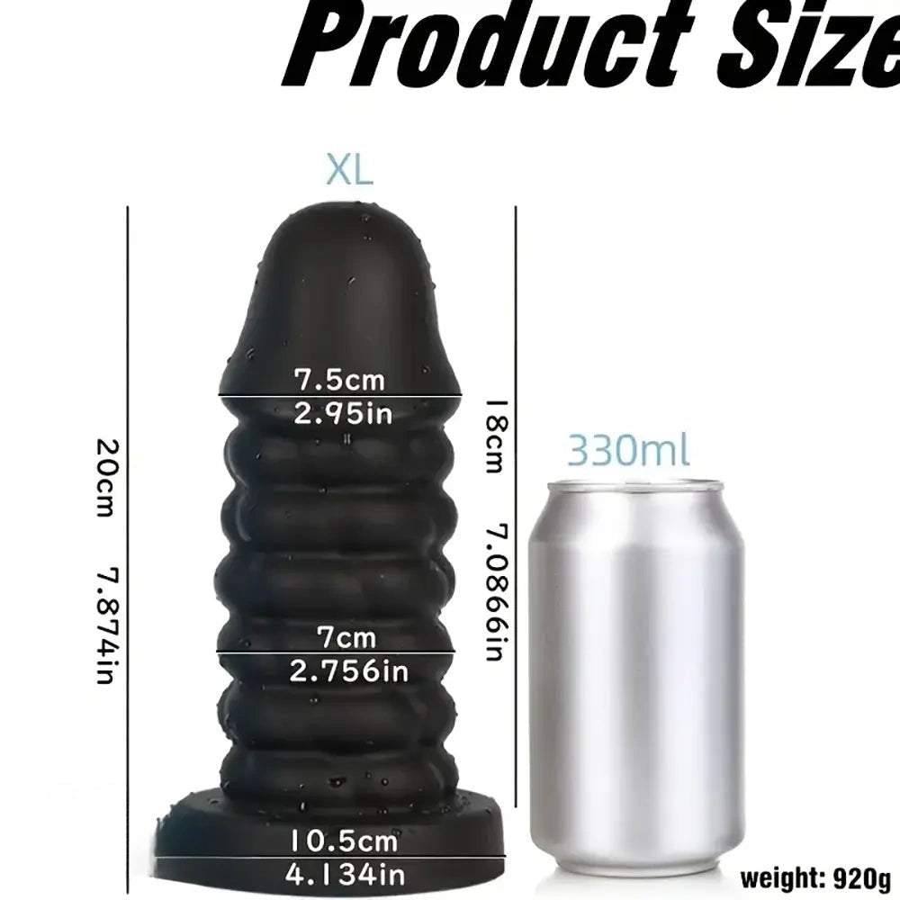 Black ribbed spiral thick silicone dildo