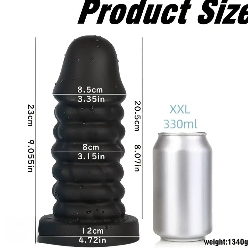 Black ribbed spiral thick silicone dildo