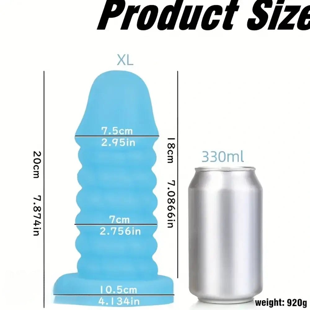 Blue ribbed spiral thick silicone dildo