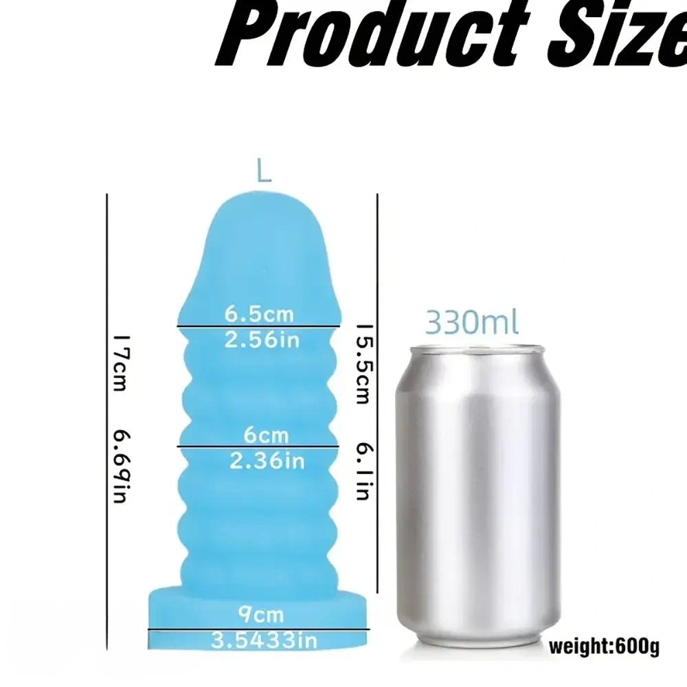 Blue ribbed spiral thick silicone dildo