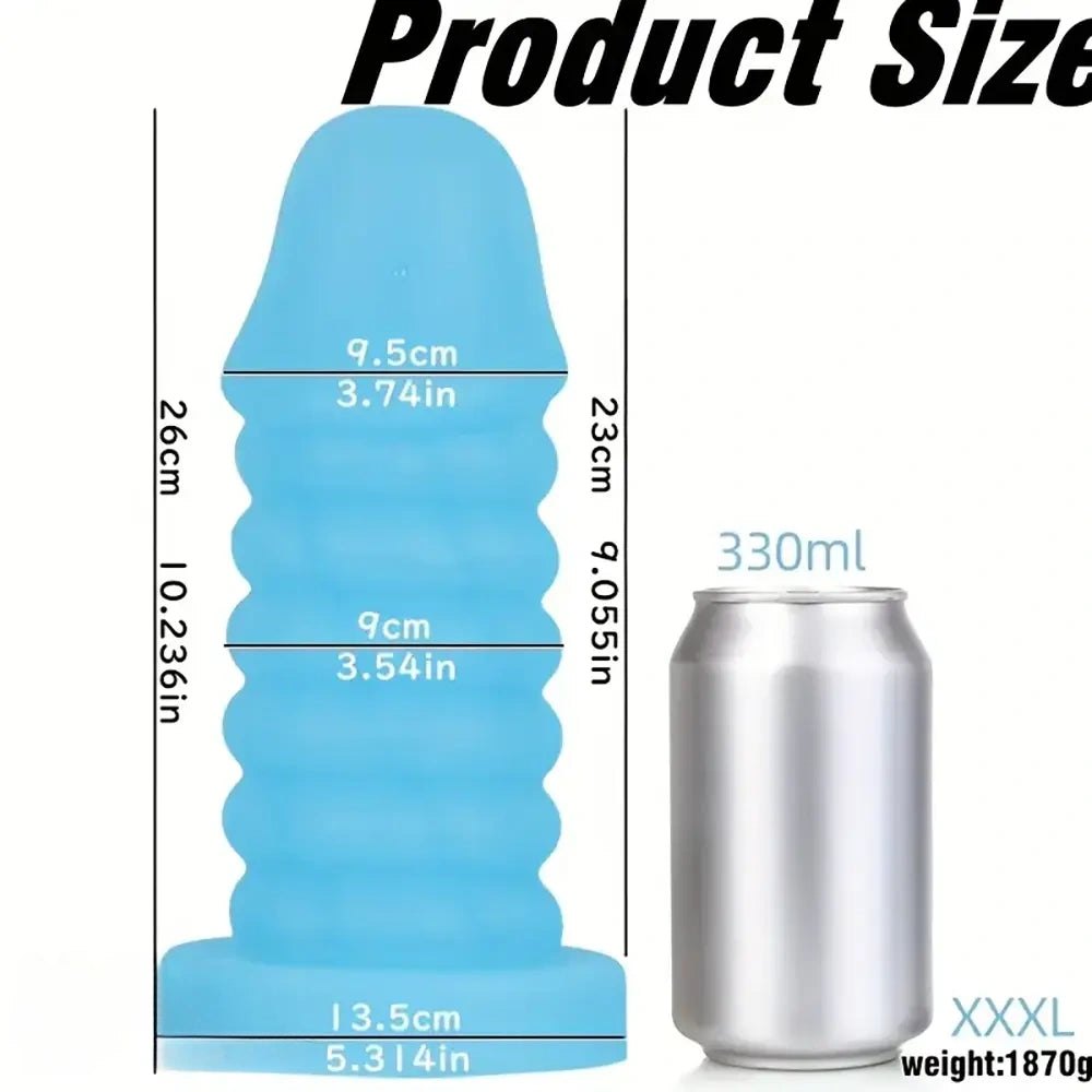 Blue ribbed spiral thick silicone dildo