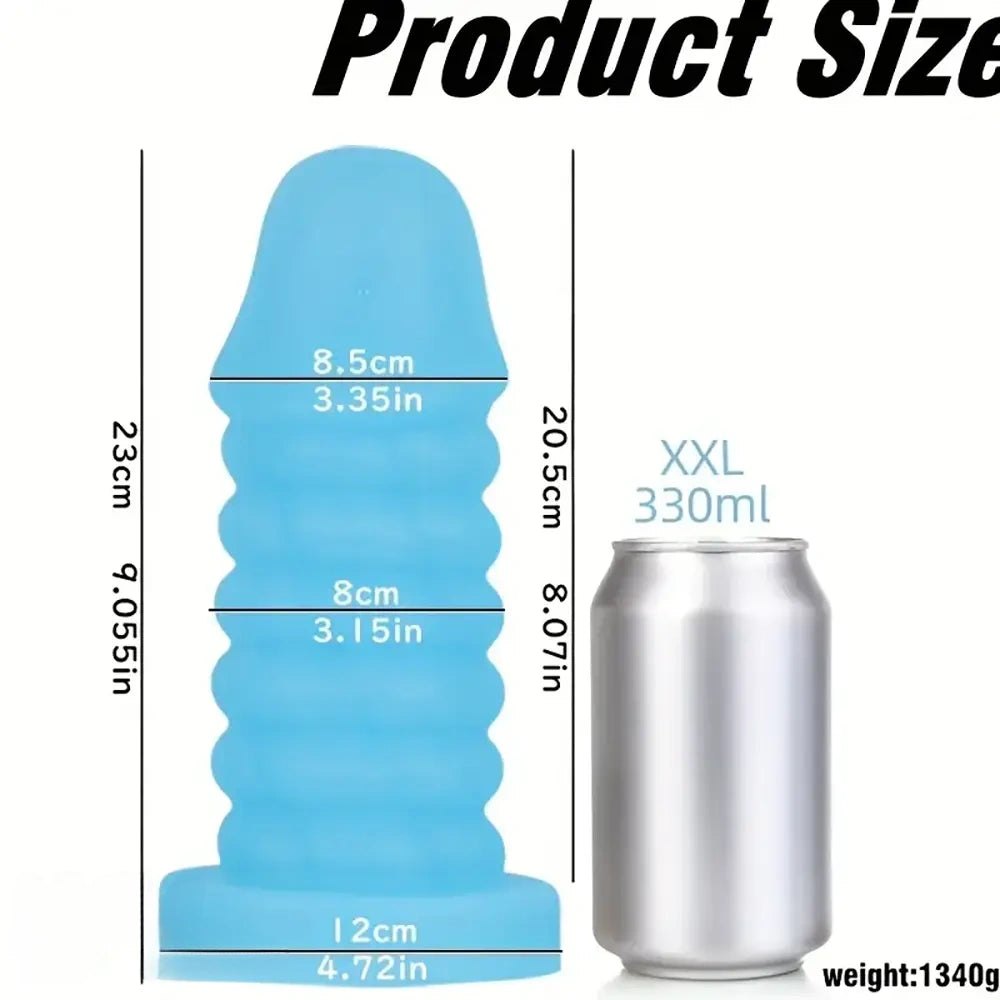 Blue ribbed spiral thick silicone dildo