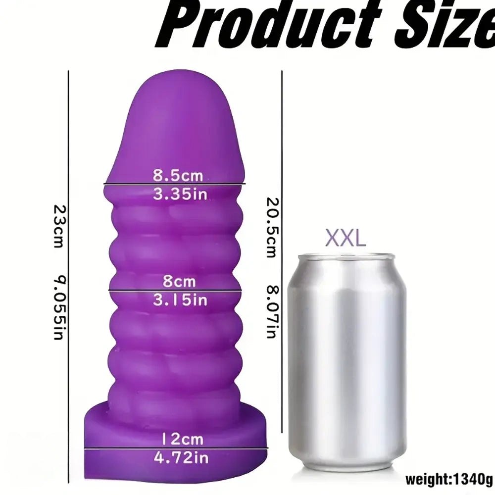 Purple ribbed spiral thick silicone dildo