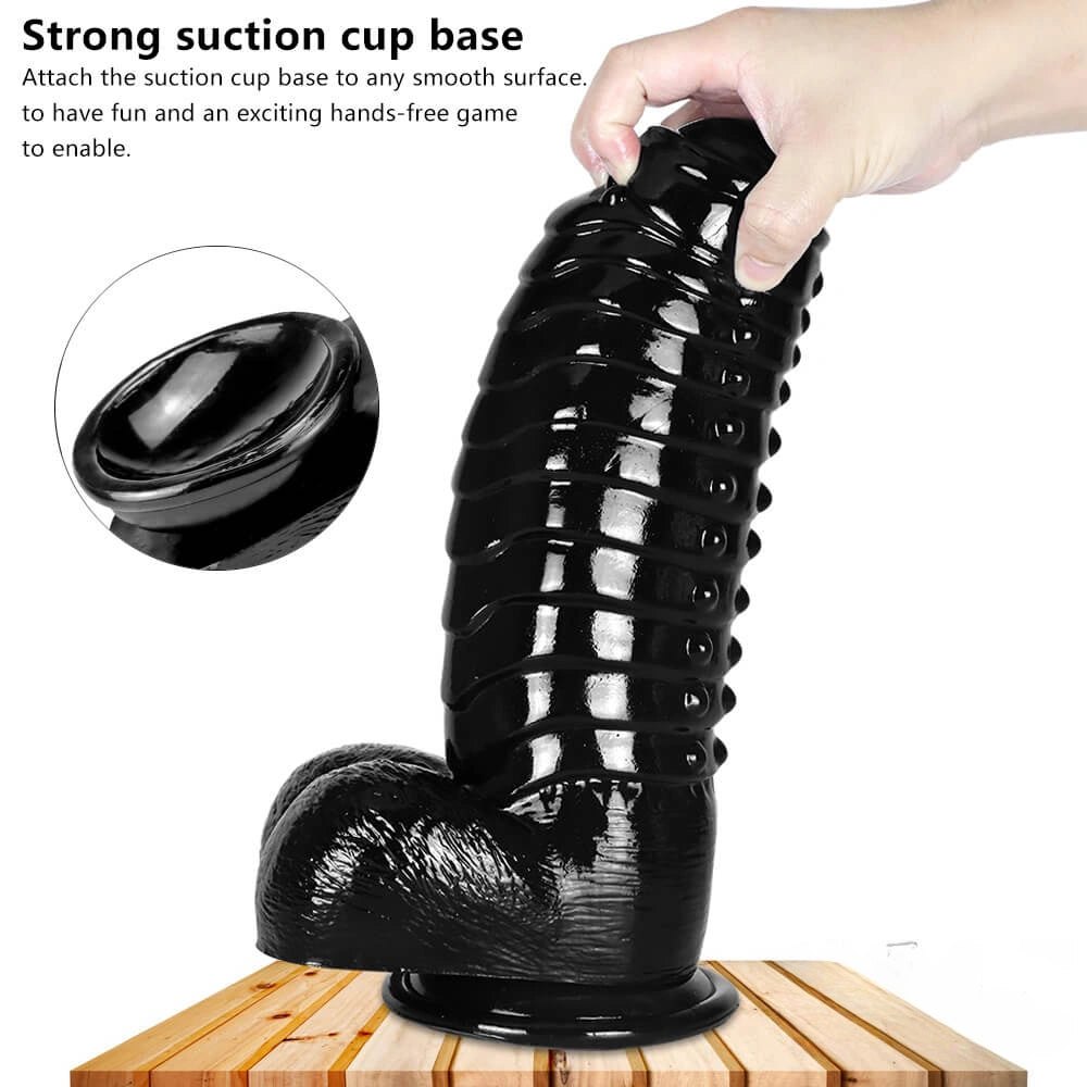 Black ribbed suction cup pvc dildo, photo 3