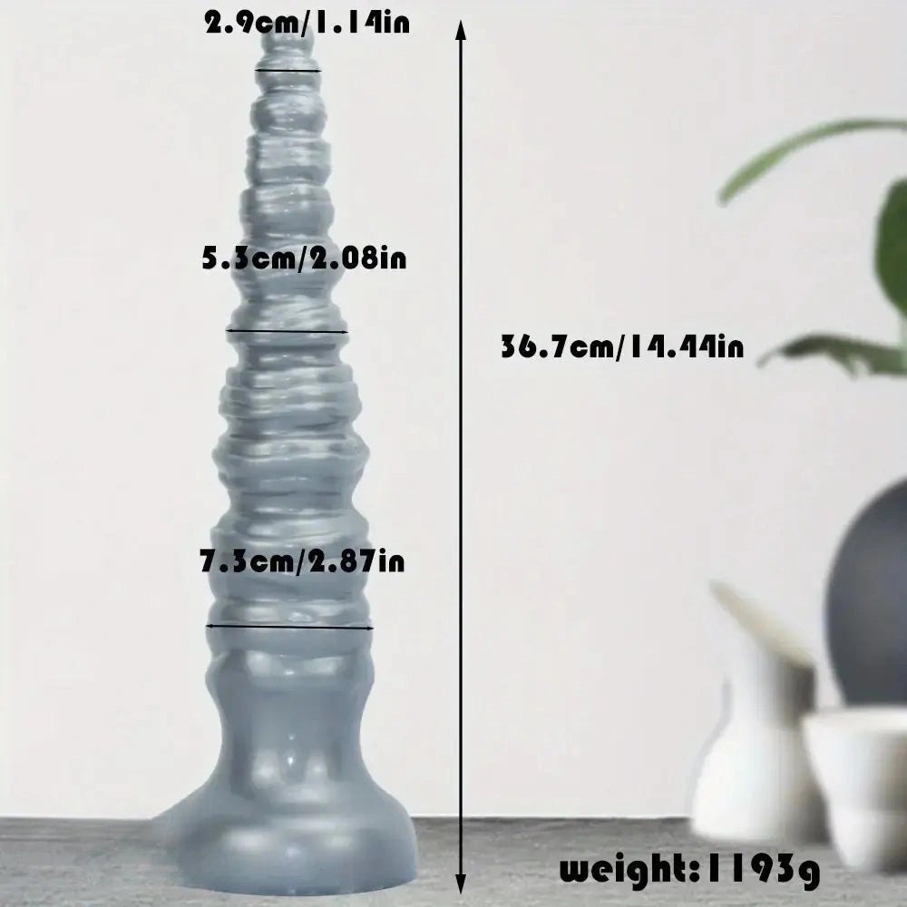 Silver ribbed tapered thick dildo