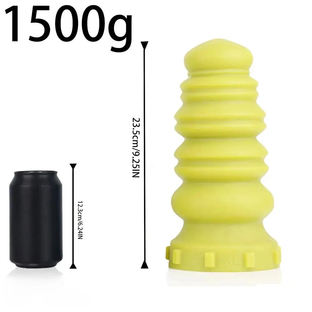 Yellow ribbed yellow pink silicone dildo
