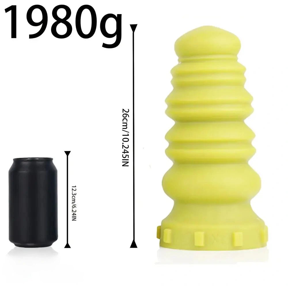 Yellow ribbed yellow pink silicone dildo