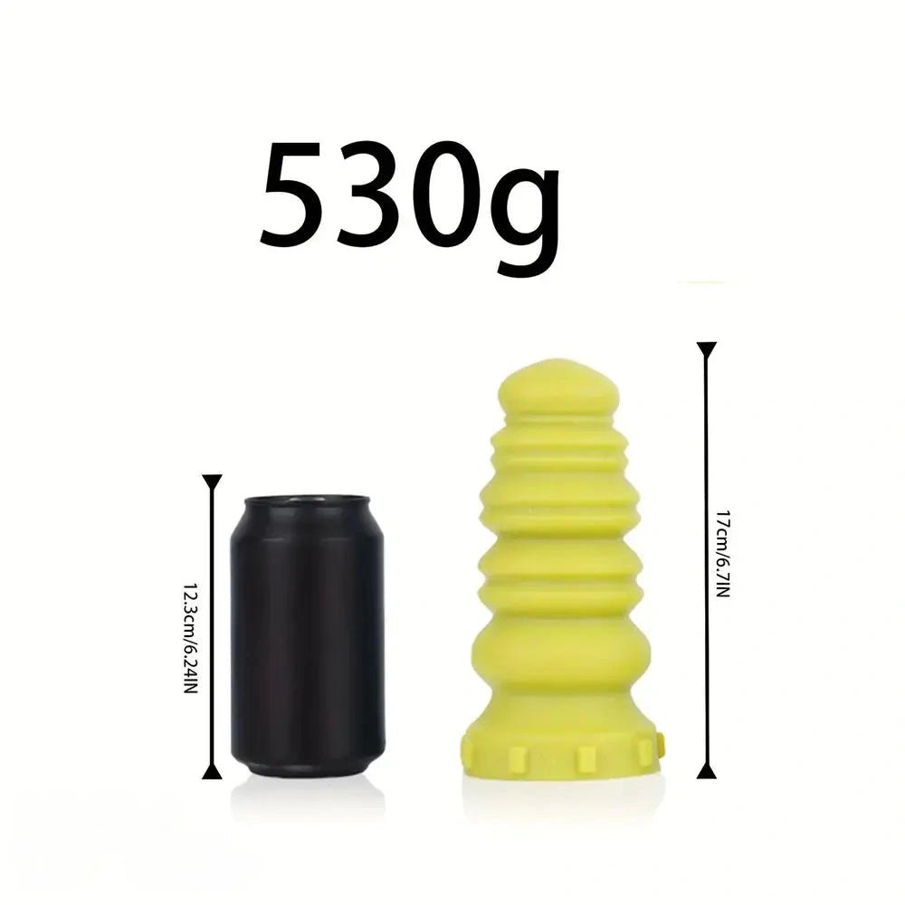 Yellow ribbed yellow pink silicone dildo