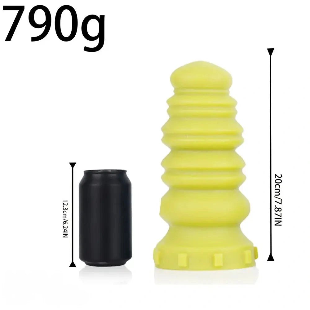 Yellow ribbed yellow pink silicone dildo