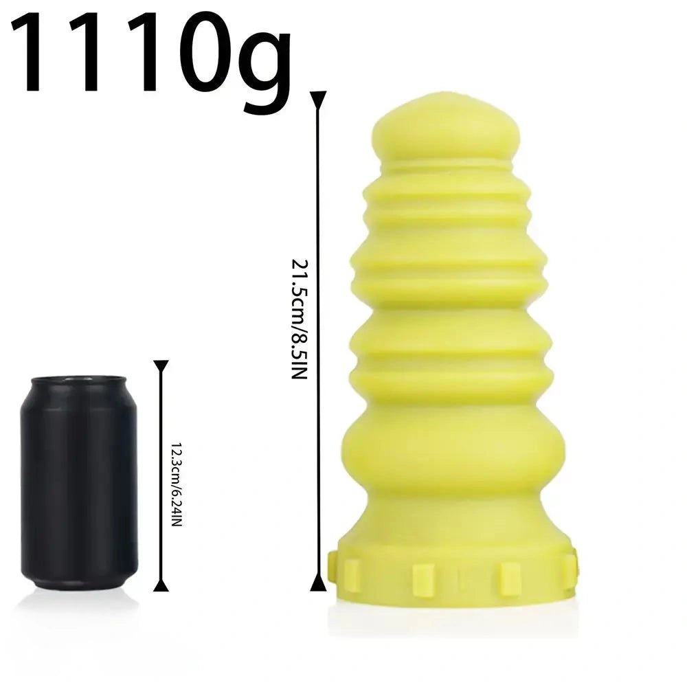 Yellow ribbed yellow pink silicone dildo