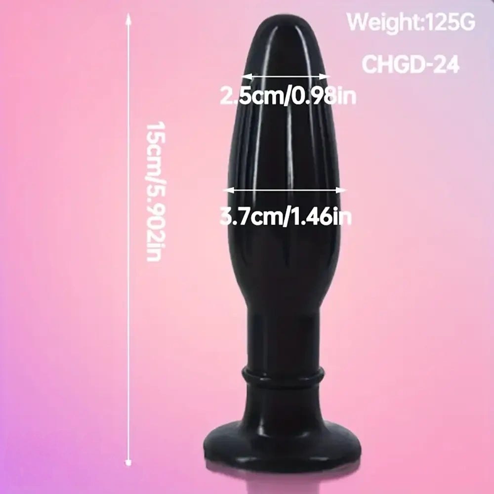 Black ridged PVC anal plug with flared base, photo 6