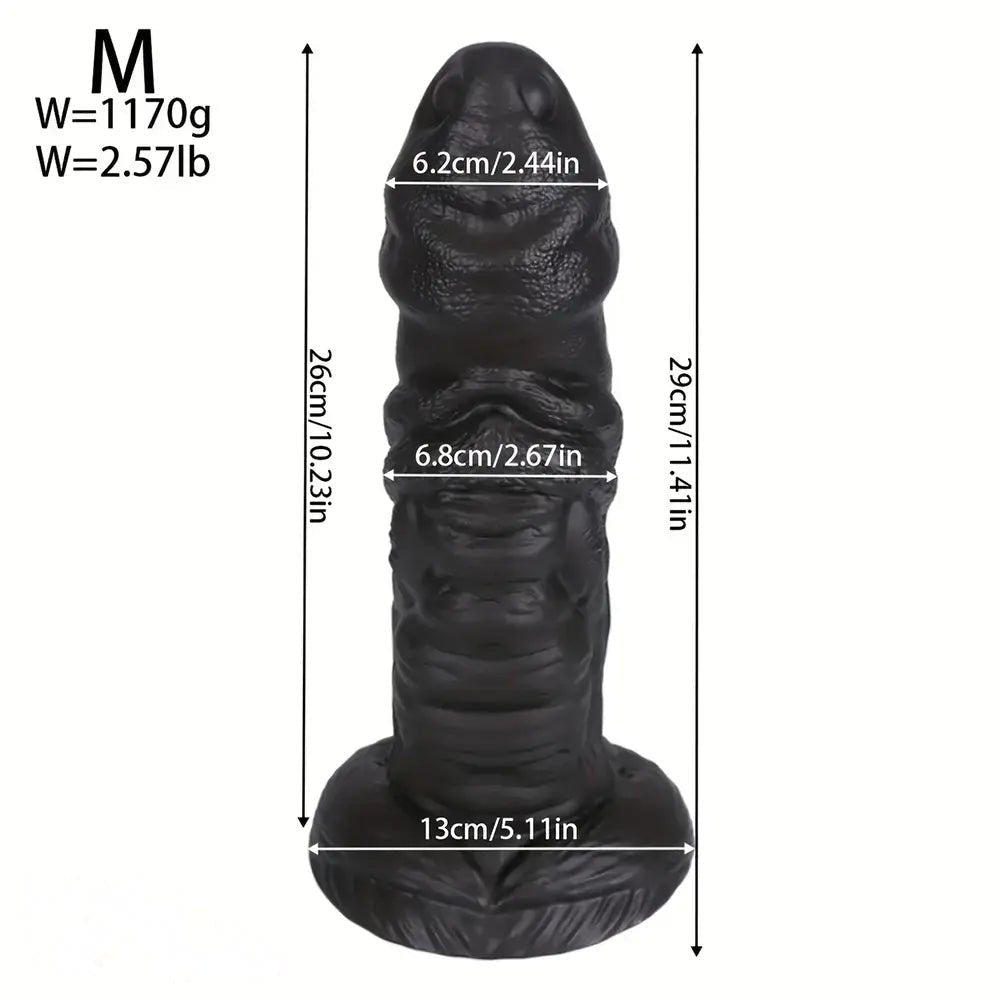 Black ridged fantasy PVC dildo with suction cup base