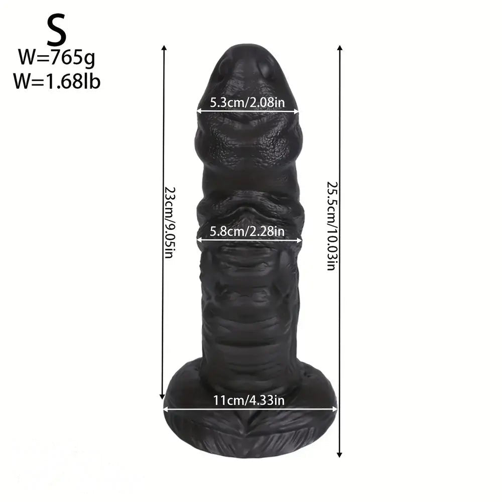 Black ridged fantasy PVC dildo with suction cup base