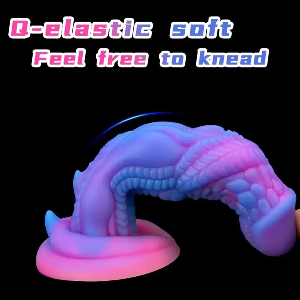 Blue to pink ombre silicone fantasy dildo with ridged texture, photo 2