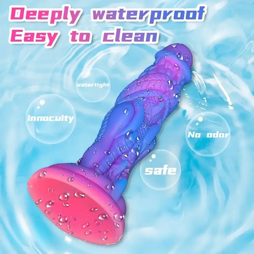Blue to pink ombre silicone fantasy dildo with ridged texture, photo 3