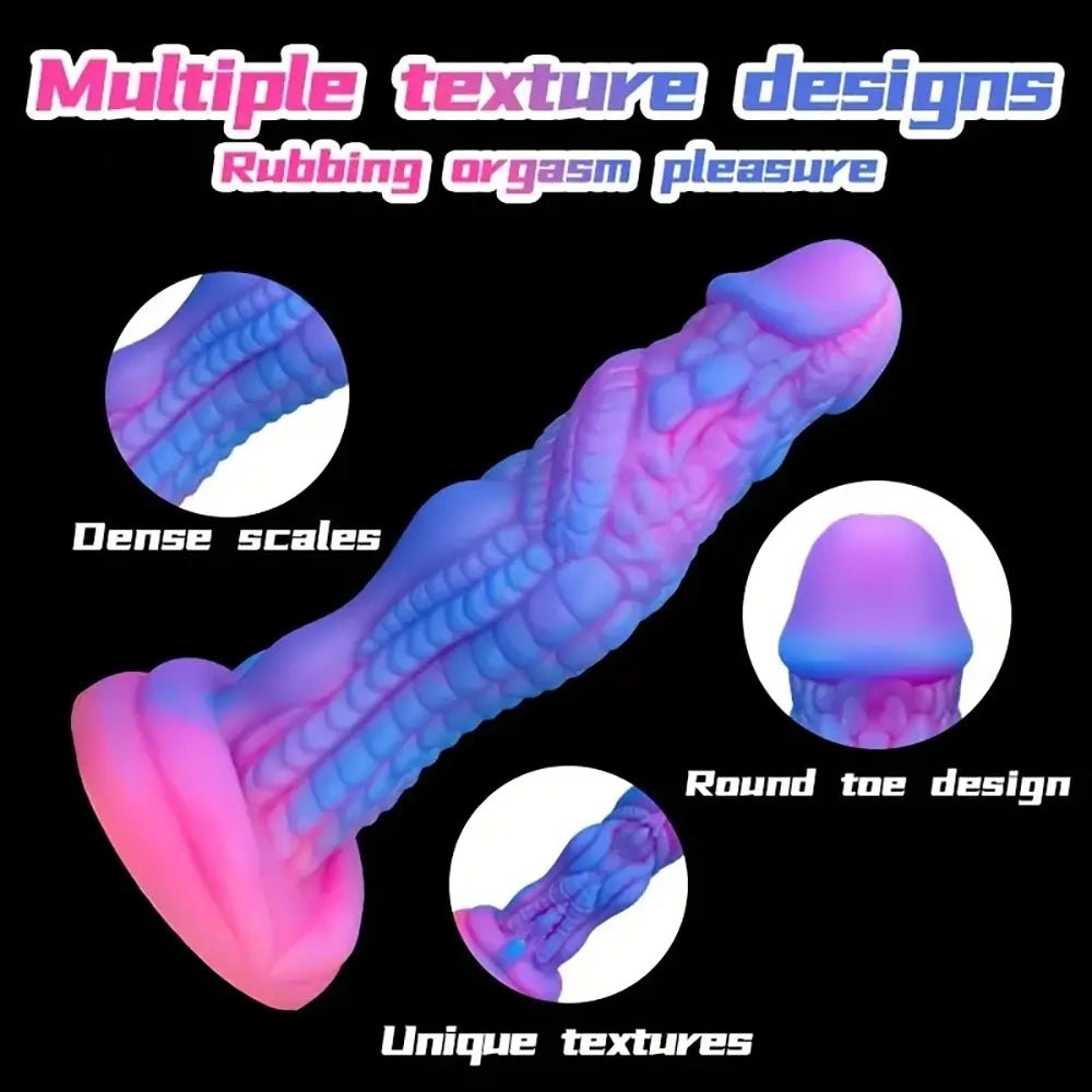 Blue to pink ombre silicone fantasy dildo with ridged texture, photo 4